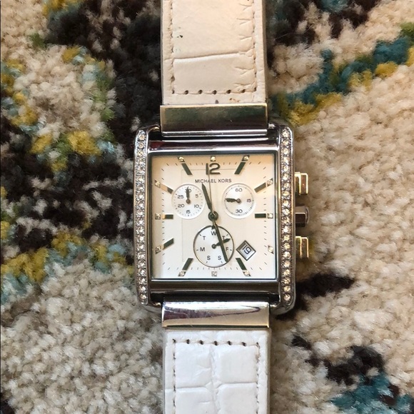 Michael Kors Accessories - Micheal Kors white leather watch w/ crystal bezel